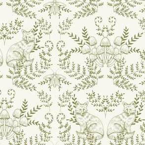 Foxes, fungi, ferns, and fireflies - green on cream