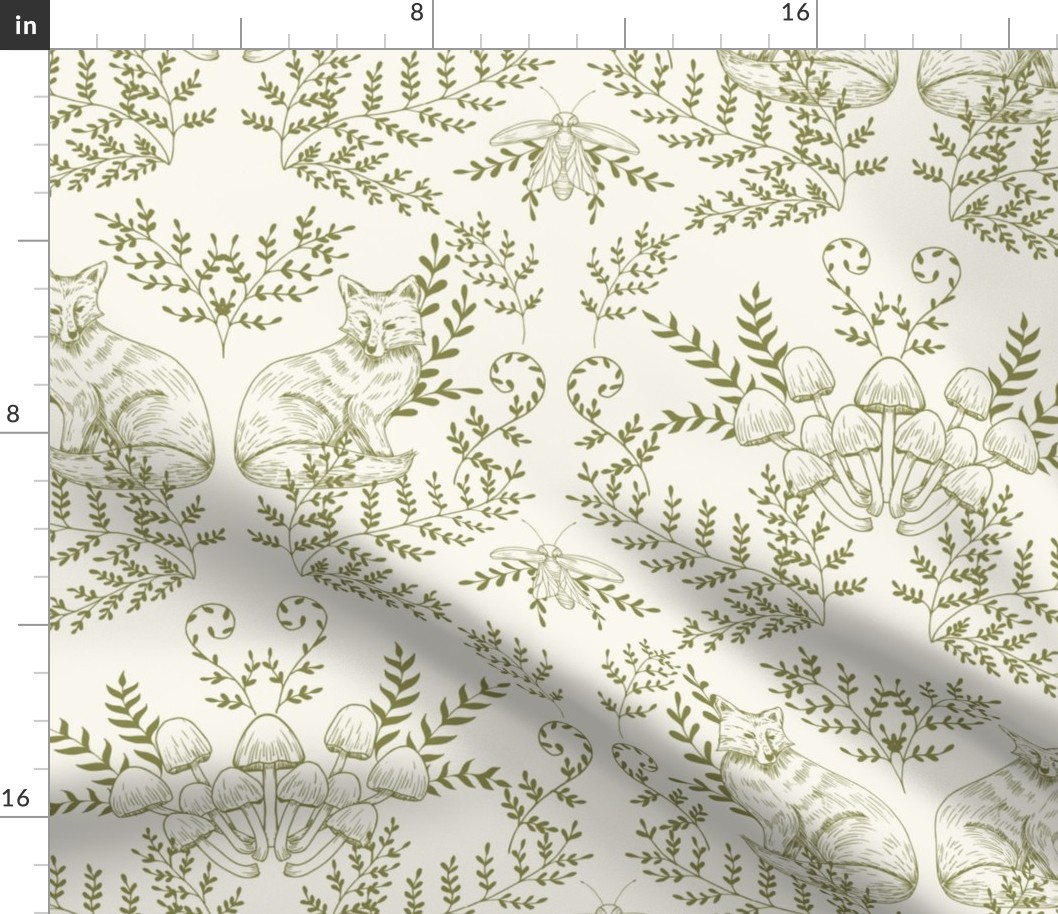 Foxes, fungi, ferns, and fireflies - green on cream