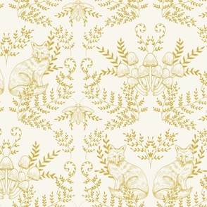 Foxes, fungi, ferns, and fireflies - yellow on cream