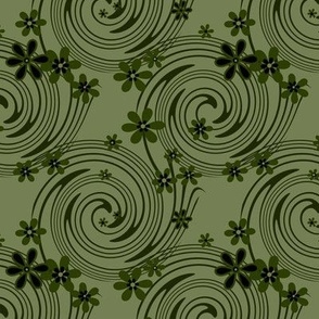 olive green flowers and spirals abstract pattern 