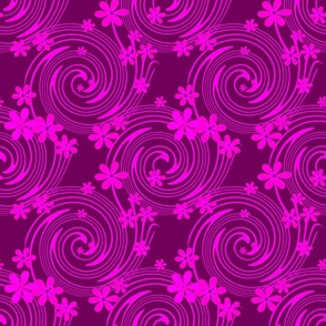 Neon bright crimson flowers and spirals on a burgundy background