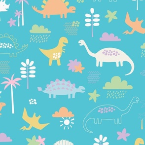 Dinosaur Land - pastel orange. Pink, yellow and green on aqua turquoise large Scale