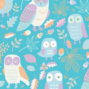 Owls in Autumn - light purple, pastel pink and orange on aqua blue - Large