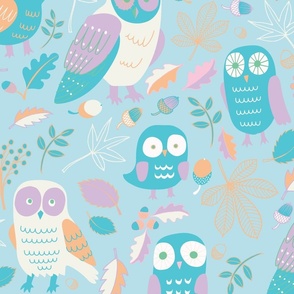 Owls in Autumn - turquoise and light purple on gray blue  Large