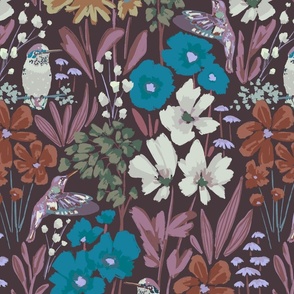 Hummingbird Garden - large scale - dark with purple and teal - boho