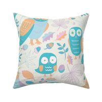 Owls in Autumn - pastel orange, light purple and turquoise on cream - Large by Cecca Designs