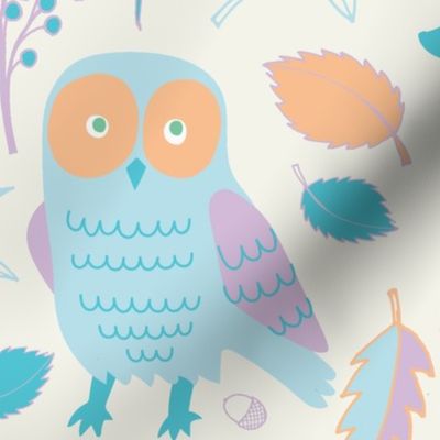 Owls in Autumn - pastel orange, light purple and turquoise on cream - Large by Cecca Designs