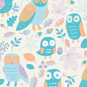 Owls in Autumn - pastel orange, light purple and turquoise on cream - Large by Cecca Designs