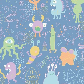 Chalkboard Monsters - pastel Orange, green and fog on grey - large scale
