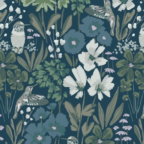 Hummingbird Garden - large scale - dark muted - blue and green - boho