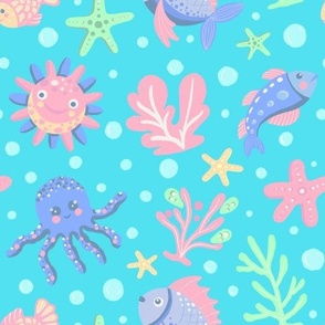 Ocean Whimsy: Colorful Marine Life Illustrations on Aqua Background