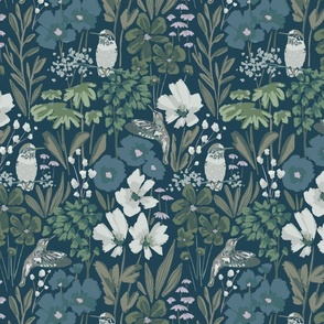 Hummingbird Garden - mediumscale - dark muted - blues and greens - boho