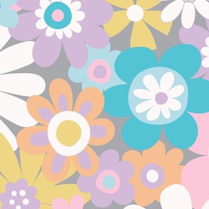 Retro Psychedelic flowers - pastels, large scale  by Cecca Designs