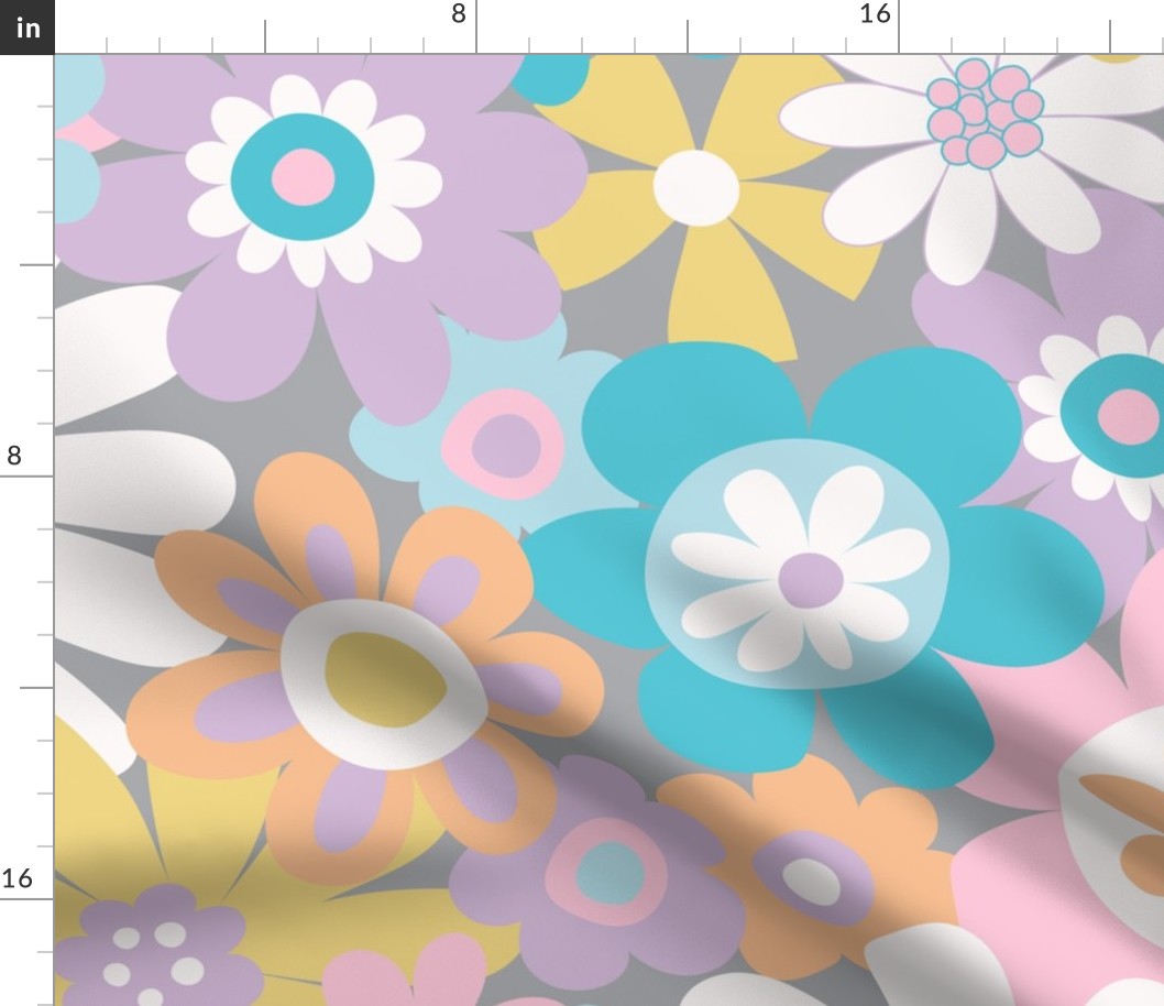 Retro Psychedelic flowers - pastels, large scale  by Cecca Designs