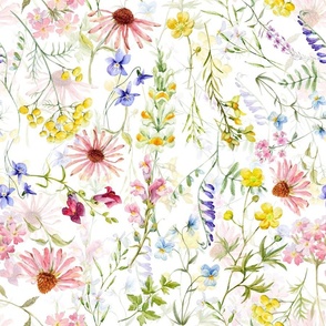 Large - Hand Painted Watercolor Midsummer Wildflowers and Leaves, Wildflowers Fabric, Cottagecore Fabric