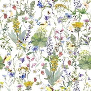 Large Hand Painted Watercolor Wildest Midsummer Wildflowers and Leaves, Fabric, Cottagecore Fabric And Wallpaper