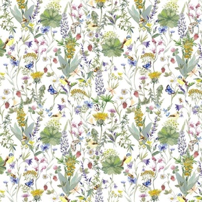 Small  Hand Painted Watercolor Wildest Midsummer Wildflowers and Leaves, Fabric, Cottagecore Fabric And Wallpaper