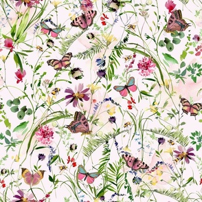 Large - Hand Painted Watercolor Green Wild Midsummer Pink and Blue Wildflowers Butterflies and Leaves, Fabric, Cottagecore Fabric And Wallpaper