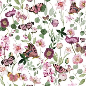 Large Hand Painted Watercolor Wildest Midsummer Wildflowers Butterflies and Leaves, Fabric, Cottagecore Fabric And Wallpaper