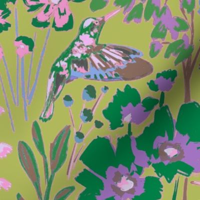 Hummingbird Garden - large scale - fun colors - greens - boho