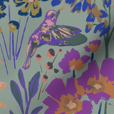 Hummingbird Garden - large scale - fun colors - purple  - boho