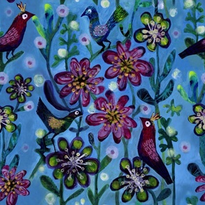 Playful Birds in a Floral Paradise - Hand Painted