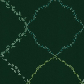 Leafy diamond shape lattice design on a dark green background