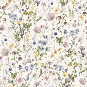 Large Hand Painted Watercolor Green Wild Midsummer Purple and Blue Wildflowers and Leaves, Fabric, Cottagecore Fabric And Wallpaper