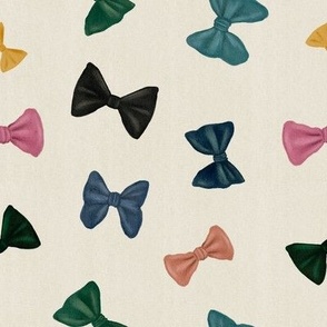 Small scale multicolored tossed bow ties on a natural linen background