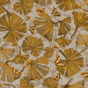 Golden Maple Lush Jungle Leaves with Butterflies and Chameleons,  Underbrush Light Beige Coordinate 1