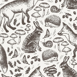 Forest Friends in Brown & Ivory - Woodland Animals in 24" Fabric & Wallpaper