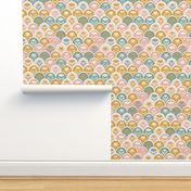 block print floral in aqua blue, mustard yellow, old rose and off white - floral hand carved arches block stamp printing