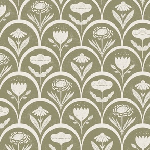 block print floral in olive green and off white - floral hand carved arches block stamp printing