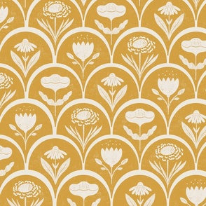 block print floral in mustard yellow and off white - floral hand carved arches block stamp printing