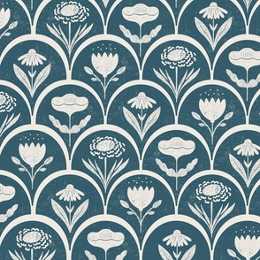 block print floral in navy and off white - floral hand carved arches block stamp printing