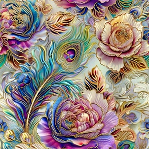 Art Nouveau Deco Damask Peacock Bird Feathers and Floral Flowers Roses Colorful Rainbow