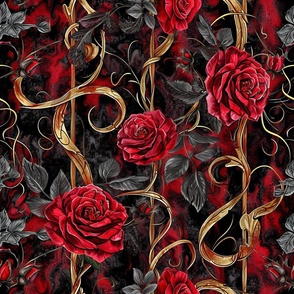 Red Roses Gold Golden Swirls and Dark Silver Leaves Floral Flowers