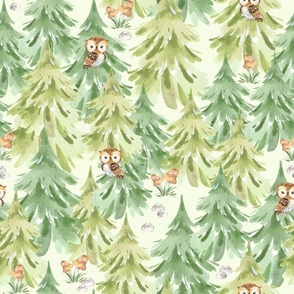 Woodland Forest Pine Trees Owls