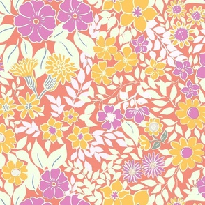 Large - Whimsical Flowers - Peach Coral e49381 - Cottagecore Farmhouse - Pink yellow Salmon Retro bright Spring Floral
