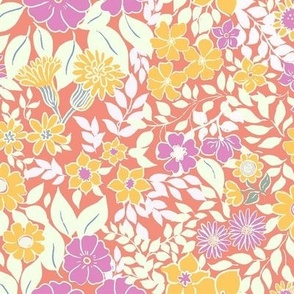 Medium - Whimsical Flowers - Peach Coral e49381 - Cottagecore Farmhouse - Pink yellow Salmon Retro bright Spring Floral