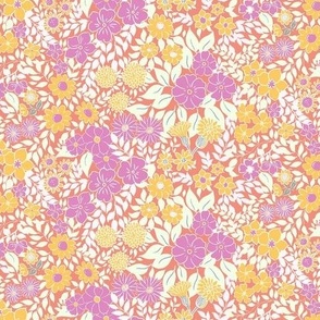 Small - Whimsical Flowers - Peach Coral e49381 - Cottagecore Farmhouse - Pink yellow Salmon Retro bright Spring Floral