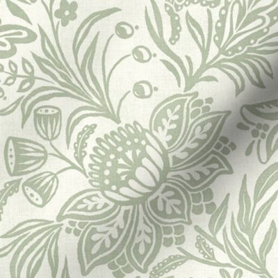 Folk Floral Jacobean - extra large - sage green and natural 