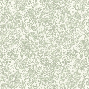 Folk Floral Jacobean - 12" large - sage green and natural 