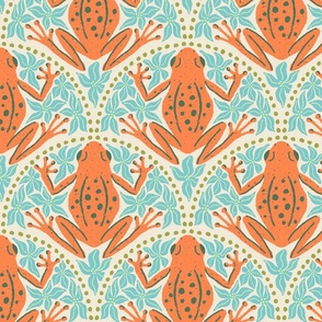 L - Frogs and Florals - Burnt Orange frog, Turquoise flowers, Olive Green accent