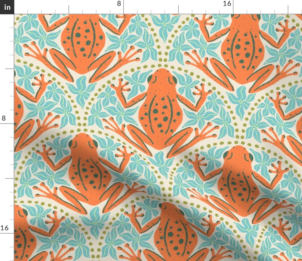 L - Frogs and Florals - Burnt Orange frog, Turquoise flowers, Olive Green accent