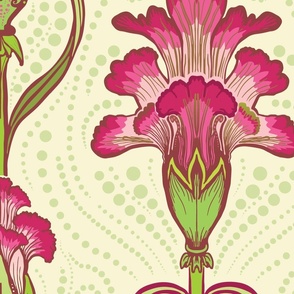 Bright Pink Carnation Flower and Bud, Large Scale, Neutral Cream Off-white Background, Lime Green Foliage, dot details, Art Nouveau, Arts and Crafts, Traditional Floral Wallpaper, Upholstery