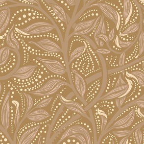Trailing Leaf Warm Yellow Brown, Large Scale, Arts and Crafts, William Morris inspired, brown leaves, Vines, Dot details, Caramel Color Background, Wallpaper, Home decor, upholstery