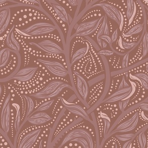 Trailing Leaf Terracotta, Large Scale, Arts and Crafts, William Morris inspired, leaves, Vines, Dot details, Earth Tone Background, Wallpaper, Home decor, upholstery