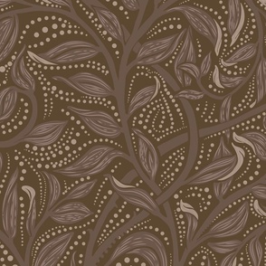 Trailing Leaf Dark Brown, Large Scale, Earth Tones, Arts and Crafts, William Morris inspired, Brown leaves, Vines, Dot details, Warm Dark Brown Background, Wallpaper, Home decor, upholstery