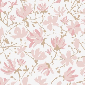 (L) Star Magnolias | Soft Blush Pink, Creamy Rose and Gold on Off-White | Large scale
